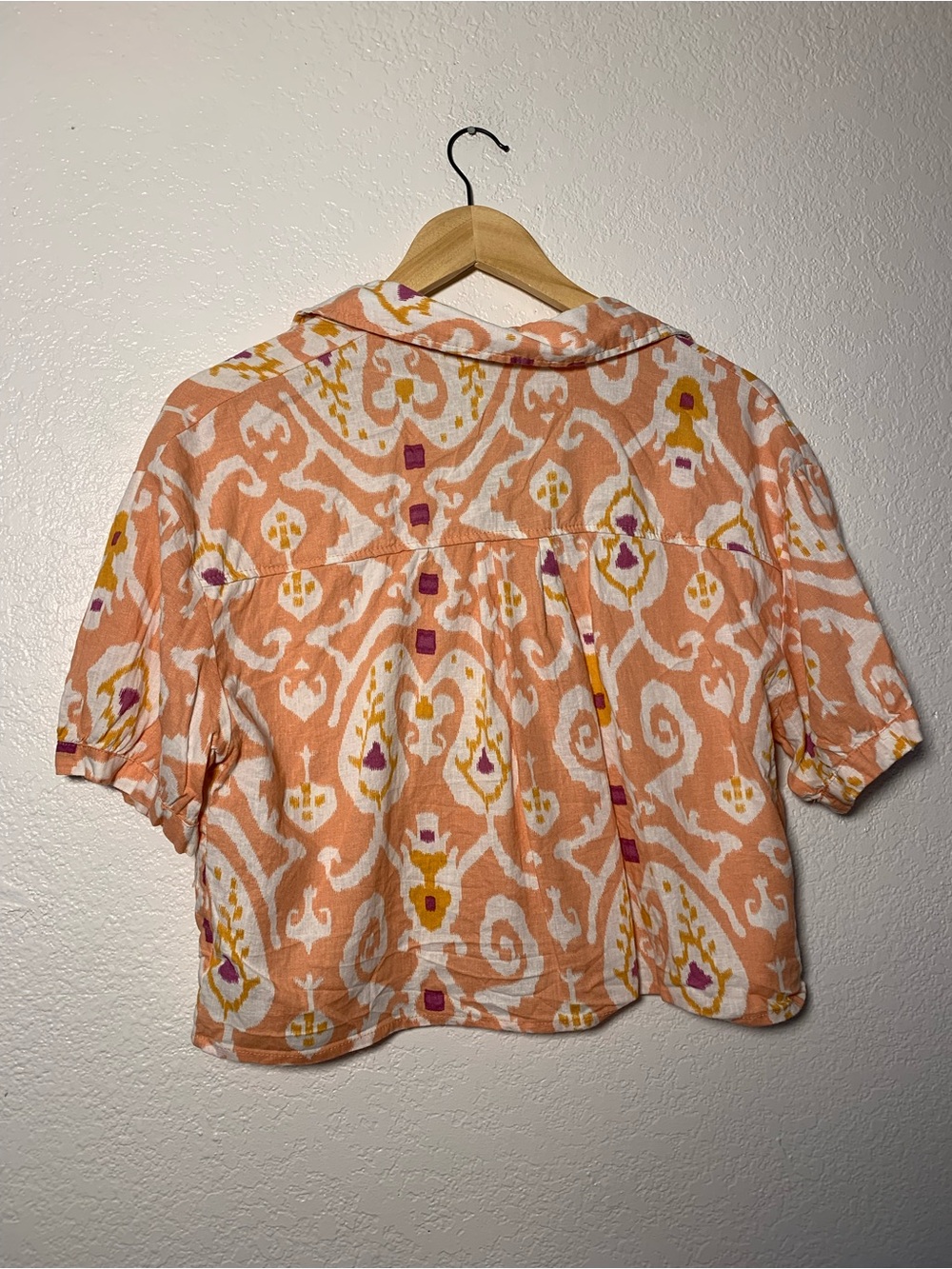 Christian Siriano Linen Rayon Blend Peach White Short Sleeve Button-Down | L - Picture 7 of 14